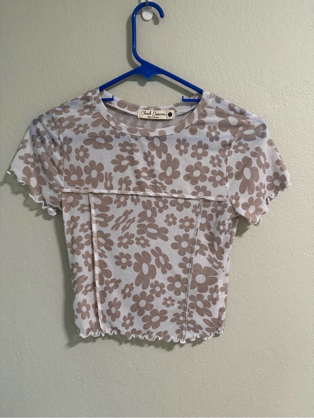 Cloud Dancer Floral Mesh Baby Tee Size S Y2K Sheer Flower Top